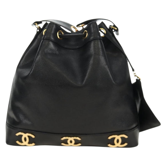 CHANEL Triple Coco Shoulder Bag Caviar Skin Black Gold CC Auth 185305SV