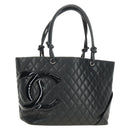 CHANEL Cambon Line Matelasse Tote Bag Leather Black Silver CC Auth 185306V-1