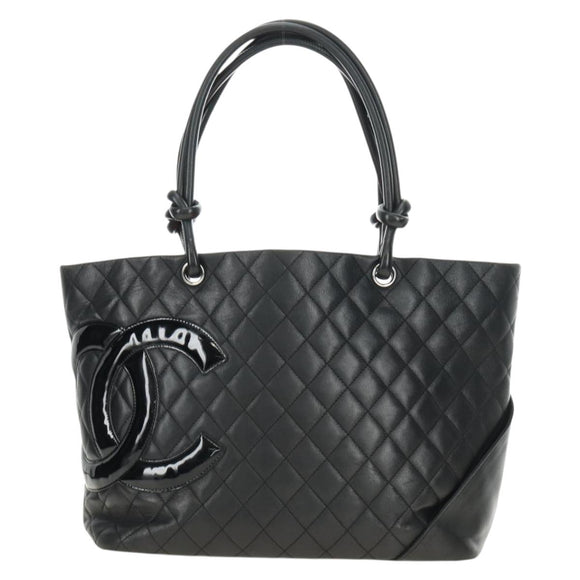 CHANEL Cambon Line Matelasse Tote Bag Leather Black Silver CC Auth 185306V