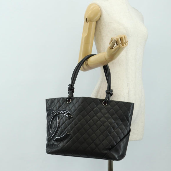 CHANEL Cambon Line Matelasse Tote Bag Leather Black Silver CC Auth 185306V