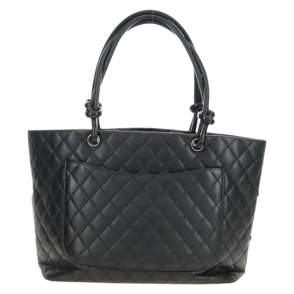 CHANEL Cambon Line Matelasse Tote Bag Leather Black Silver CC Auth 185306V