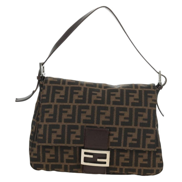 FENDI Zucca Canvas Mamma Baguette Shoulder Bag Black Brown Auth 185309M