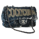 CHANEL Coco Cuba Chain Shoulder Bag Sequin Blue Silver CC Auth 185311SM-1