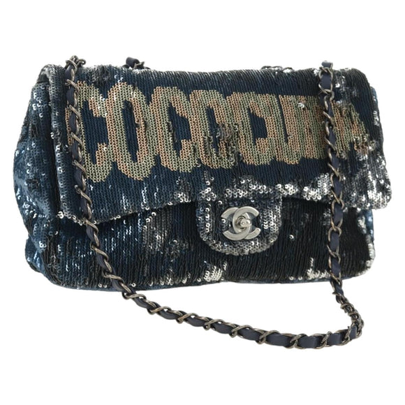 CHANEL Coco Cuba Chain Shoulder Bag Sequin Blue Silver CC Auth 185311SM