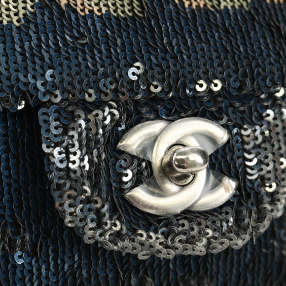 CHANEL Coco Cuba Chain Shoulder Bag Sequin Blue Silver CC Auth 185311SM