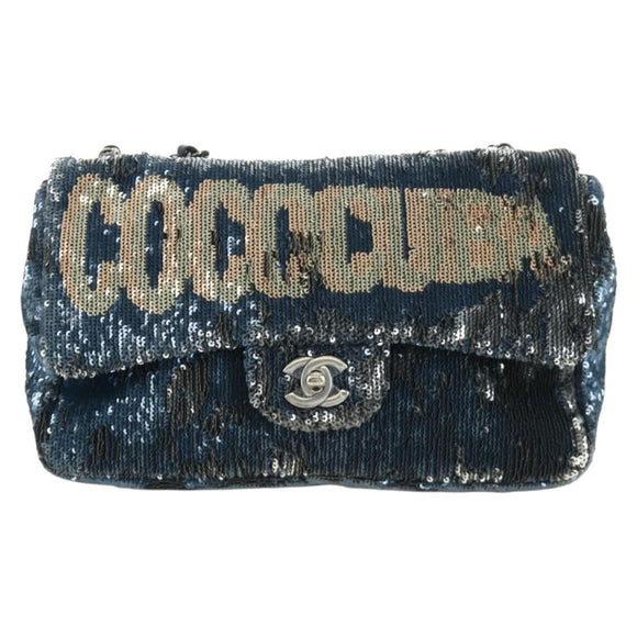 CHANEL Coco Cuba Chain Shoulder Bag Sequin Blue Silver CC Auth 185311SM