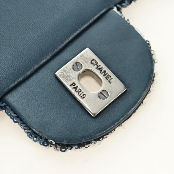 CHANEL Coco Cuba Chain Shoulder Bag Sequin Blue Silver CC Auth 185311SM