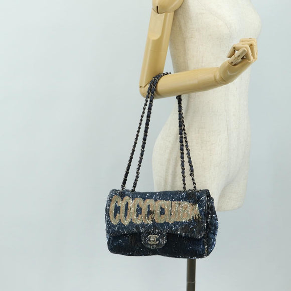 CHANEL Coco Cuba Chain Shoulder Bag Sequin Blue Silver CC Auth 185311SM