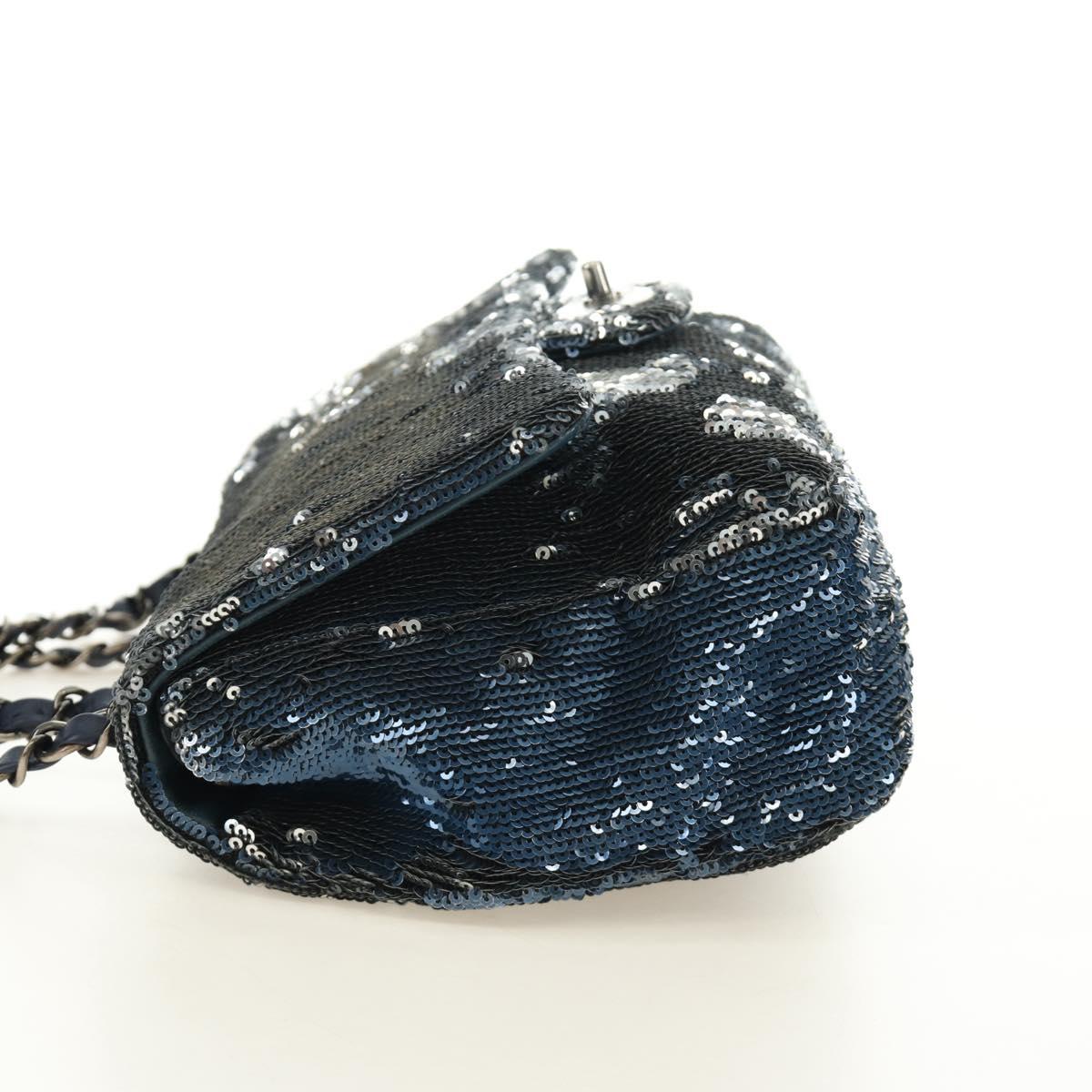 CHANEL Coco Cuba Chain Shoulder Bag Sequin Blue Silver CC Auth 