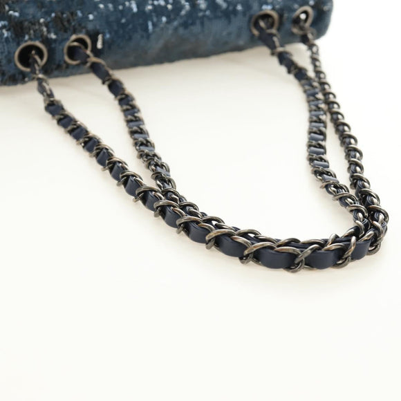 CHANEL Coco Cuba Chain Shoulder Bag Sequin Blue Silver CC Auth 185311SM