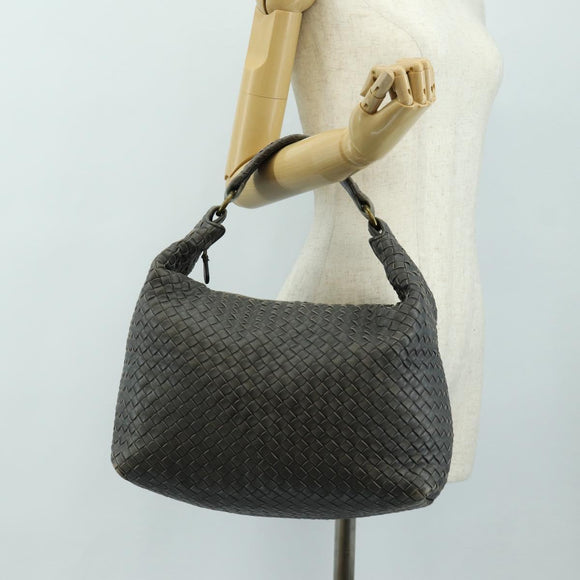 BOTTEGA VENETA INTRECCIATO Shoulder Bag Leather Gray Gold Auth 185312M