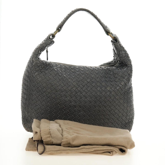 BOTTEGA VENETA INTRECCIATO Shoulder Bag Leather Gray Gold Auth 185312M