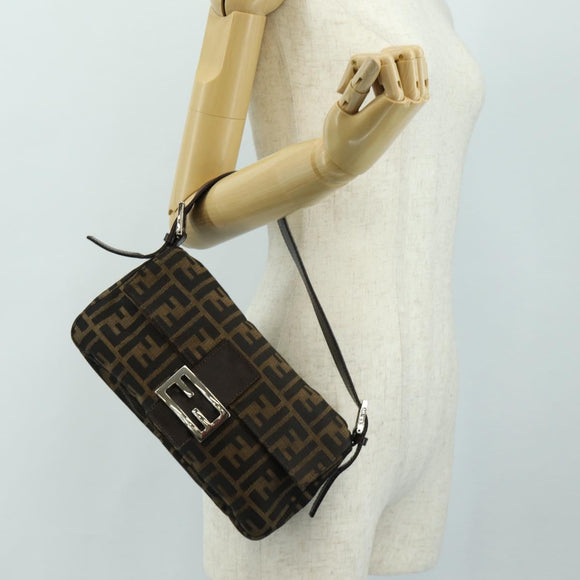 FENDI Zucca Canvas Mamma Baguette Shoulder Bag Black Brown Auth 185313M