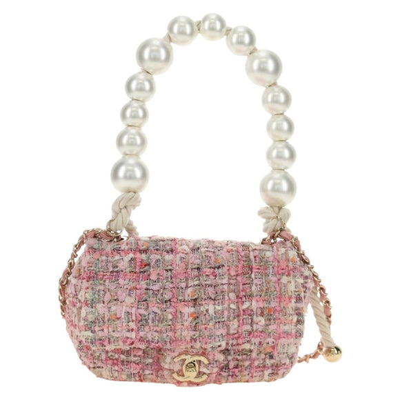 CHANEL Chain Shoulder Bag Tweed 2way Pink Gold CC Auth 185316M