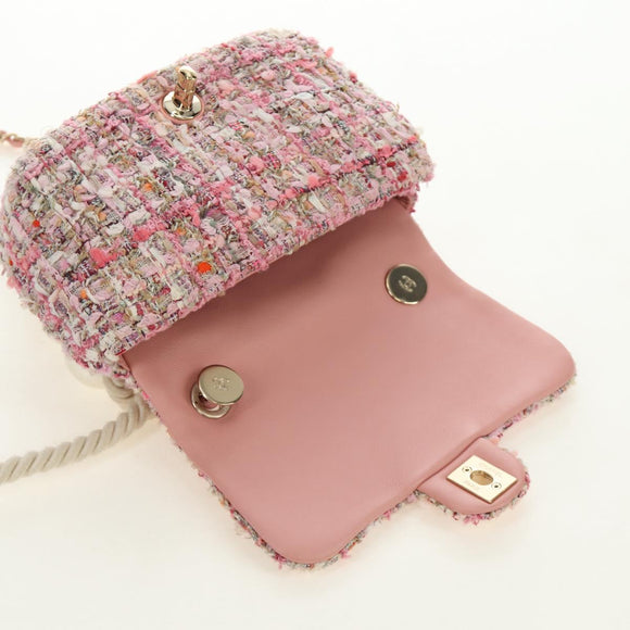 CHANEL Chain Shoulder Bag Tweed 2way Pink Gold CC Auth 185316M