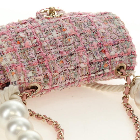 CHANEL Chain Shoulder Bag Tweed 2way Pink Gold CC Auth 185316M
