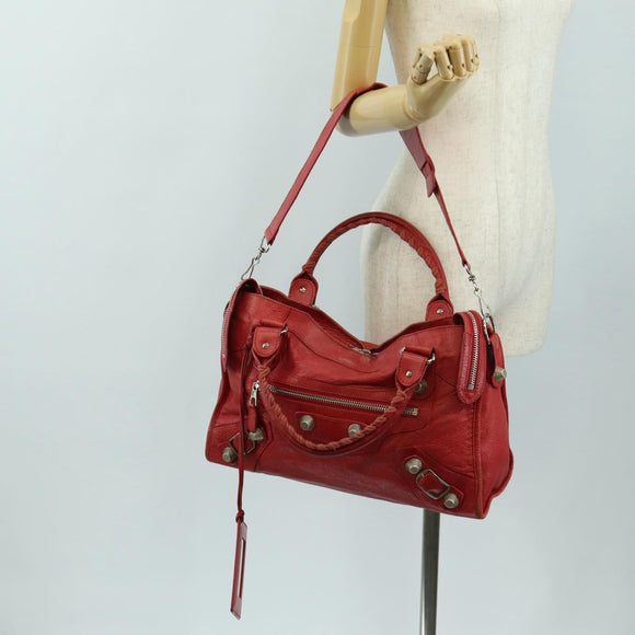 BALENCIAGA The Giant City Hand Bag Leather 2way Red Silver 173084 Auth 185342M