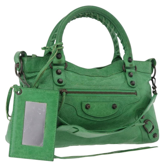 BALENCIAGA The City Hand Bag Leather 2way Green 103208 Auth 185361M