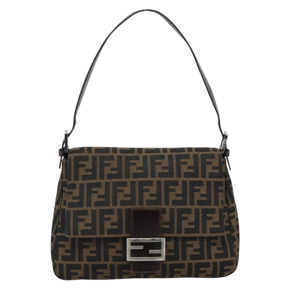 FENDI Zucca Canvas Mamma Baguette Shoulder Bag Black Brown Auth 185374V