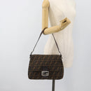 FENDI Zucca Canvas Mamma Baguette Shoulder Bag Black Brown Auth 185374V-22
