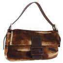 FENDI Mamma Baguette Shoulder Bag Harako Leather Brown Silver Auth 185377V-1