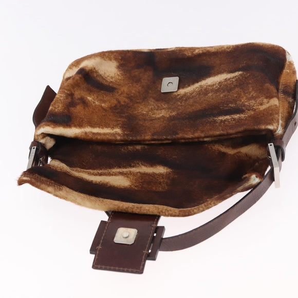 FENDI Mamma Baguette Shoulder Bag Harako Leather Brown Silver Auth 185377V