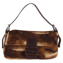 FENDI Mamma Baguette Shoulder Bag Harako Leather Brown Silver Auth 185377V-2
