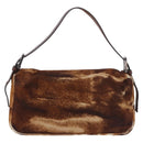 FENDI Mamma Baguette Shoulder Bag Harako Leather Brown Silver Auth 185377V-3