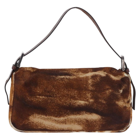 FENDI Mamma Baguette Shoulder Bag Harako Leather Brown Silver Auth 185377V