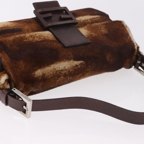 FENDI Mamma Baguette Shoulder Bag Harako Leather Brown Silver Auth 185377V