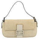 FENDI Mamma Baguette Shoulder Bag Straw Beige Silver Auth 185378V-13