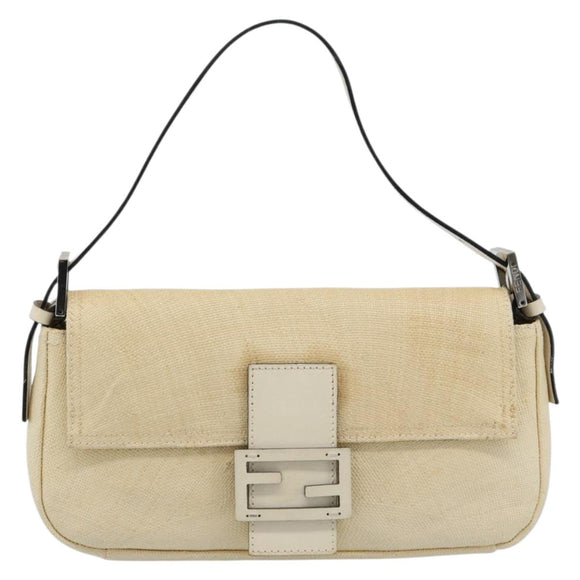 FENDI Mamma Baguette Shoulder Bag Straw Beige Silver Auth 185378V