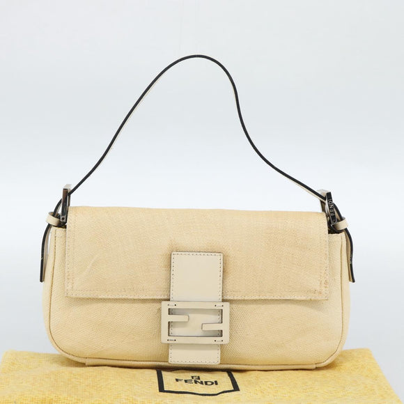 FENDI Mamma Baguette Shoulder Bag Straw Beige Silver Auth 185378V