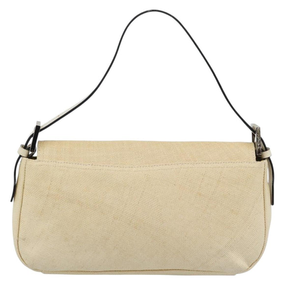 FENDI Mamma Baguette Shoulder Bag Straw Beige Silver Auth 185378V