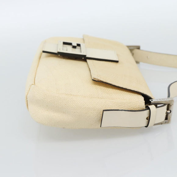 FENDI Mamma Baguette Shoulder Bag Straw Beige Silver Auth 185378V