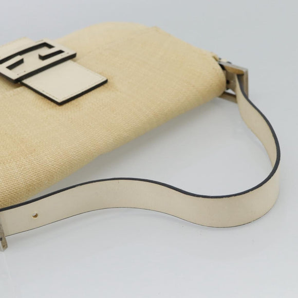 FENDI Mamma Baguette Shoulder Bag Straw Beige Silver Auth 185378V