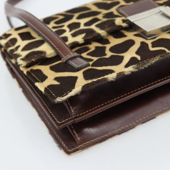 FENDI Hand Bag Harako Leather Brown Silver Auth 185379