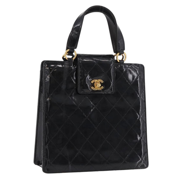 CHANEL Matelasse Hand Bag Patent leather Black Gold CC Auth 185385A