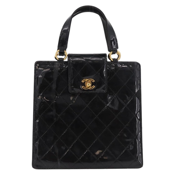 CHANEL Matelasse Hand Bag Patent leather Black Gold CC Auth 185385A