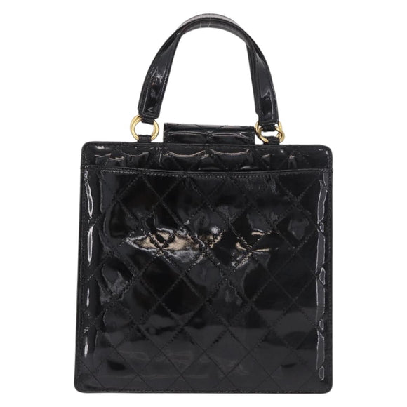 CHANEL Matelasse Hand Bag Patent leather Black Gold CC Auth 185385A