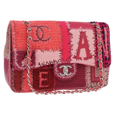 CHANEL Chain Patchwork Shoulder Bag Tweed Pink Silver CC Auth 185387SM