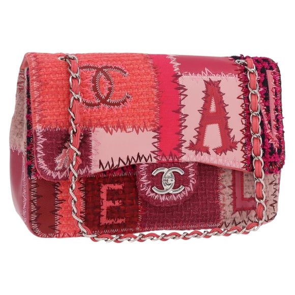CHANEL Chain Patchwork Shoulder Bag Tweed Pink Silver CC Auth 185387SM