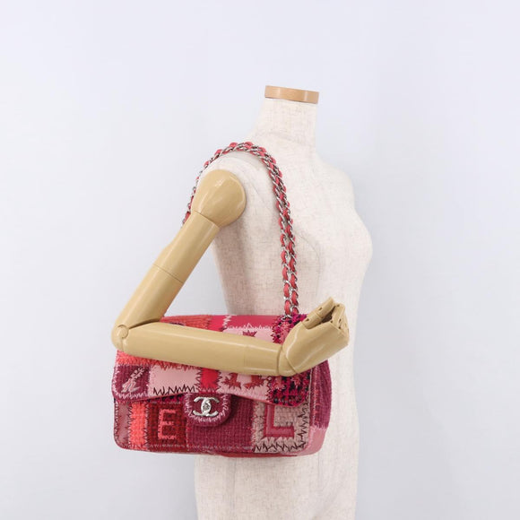 CHANEL Chain Patchwork Shoulder Bag Tweed Pink Silver CC Auth 185387SM