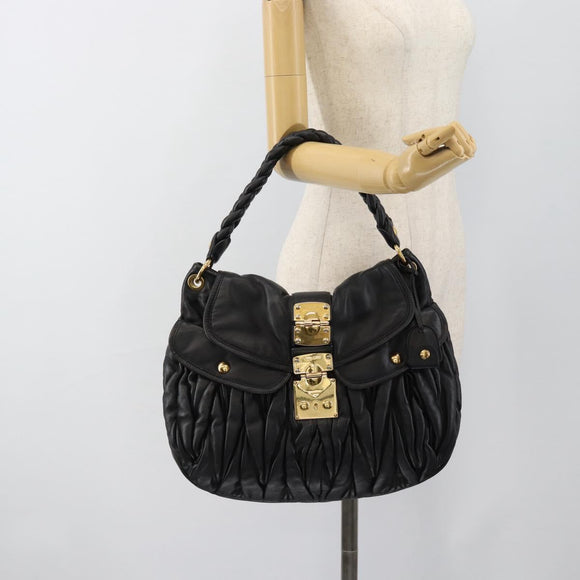 Miu Miu Matelasse Shoulder Bag Leather Black Gold Auth 185388V