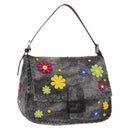 FENDI Floral Mamma Baguette Shoulder Bag Felt Gray Silver Auth 185390SAM-1