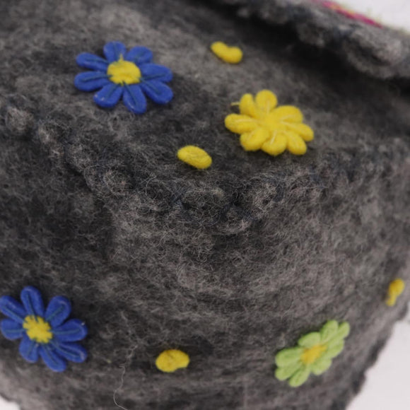 FENDI Floral Mamma Baguette Shoulder Bag Felt Gray Silver Auth 185390SAM