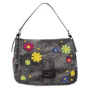 FENDI Floral Mamma Baguette Shoulder Bag Felt Gray Silver Auth 185390SAM-13