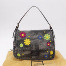 FENDI Floral Mamma Baguette Shoulder Bag Felt Gray Silver Auth 185390SAM-12