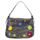 FENDI Floral Mamma Baguette Shoulder Bag Felt Gray Silver Auth 185390SAM-2