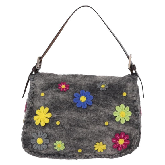 FENDI Floral Mamma Baguette Shoulder Bag Felt Gray Silver Auth 185390SAM